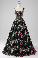 Laden Sie das Bild in den Galerie-Viewer, Schwarzes A-Linie Korsett Ballkleid mit quadratischem Ausschnitt und Applikationen