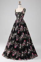 Laden Sie das Bild in den Galerie-Viewer, Schwarzes A-Linie Korsett Ballkleid mit quadratischem Ausschnitt und Applikationen