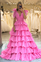 Laden Sie das Bild in den Galerie-Viewer, Prinzessin A-Linie V-Ausschnitt fuchsia Ballkleid mit Schlitz