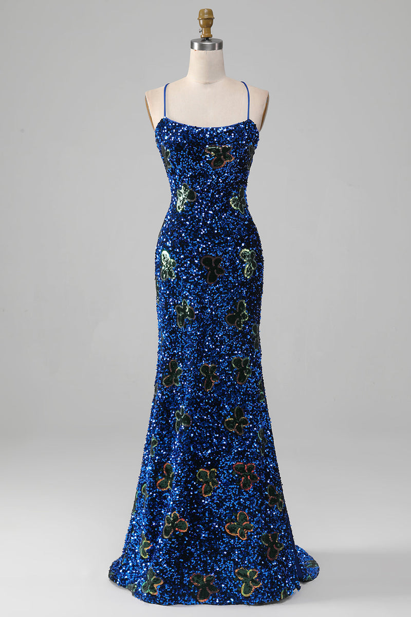 Laden Sie das Bild in den Galerie-Viewer, Glitzerndes königsblaues Meerjungfrauen Spaghettiträger Kleid mit Pailletten