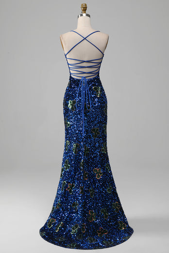 Glitzerndes königsblaues Meerjungfrauen Spaghettiträger Kleid mit Pailletten