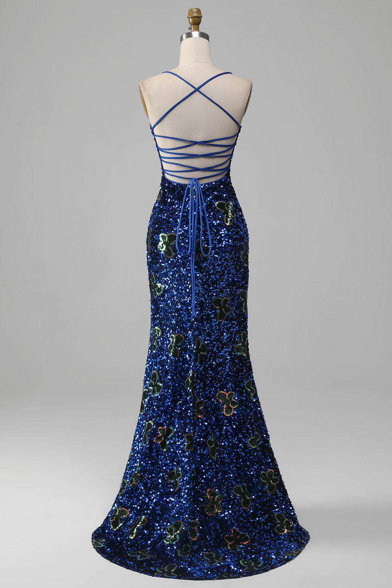 Laden Sie das Bild in den Galerie-Viewer, Glitzerndes königsblaues Meerjungfrauen Spaghettiträger Kleid mit Pailletten