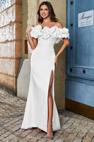 Laden Sie das Bild in den Galerie-Viewer, Meerjungfrau schulterfreies weißes Brautkleid mit Schlitz