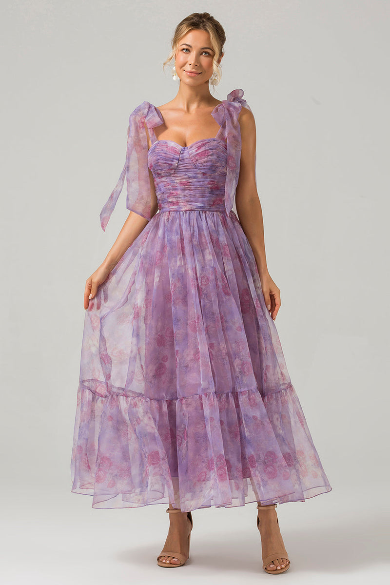 Laden Sie das Bild in den Galerie-Viewer, Lila A-Linie Plissee Kleid mit Druckmuster in Teelänge