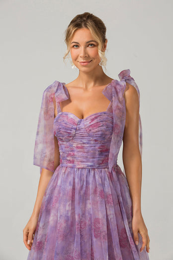Lila A-Linie Plissee Kleid mit Druckmuster in Teelänge