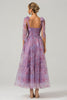 Laden Sie das Bild in den Galerie-Viewer, Lila A-Linie Plissee Kleid mit Druckmuster in Teelänge