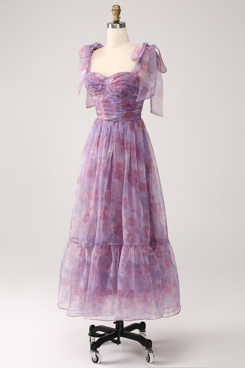 Laden Sie das Bild in den Galerie-Viewer, Lila bedrucktes A-Linie Kleid mit Plissee in Teelänge