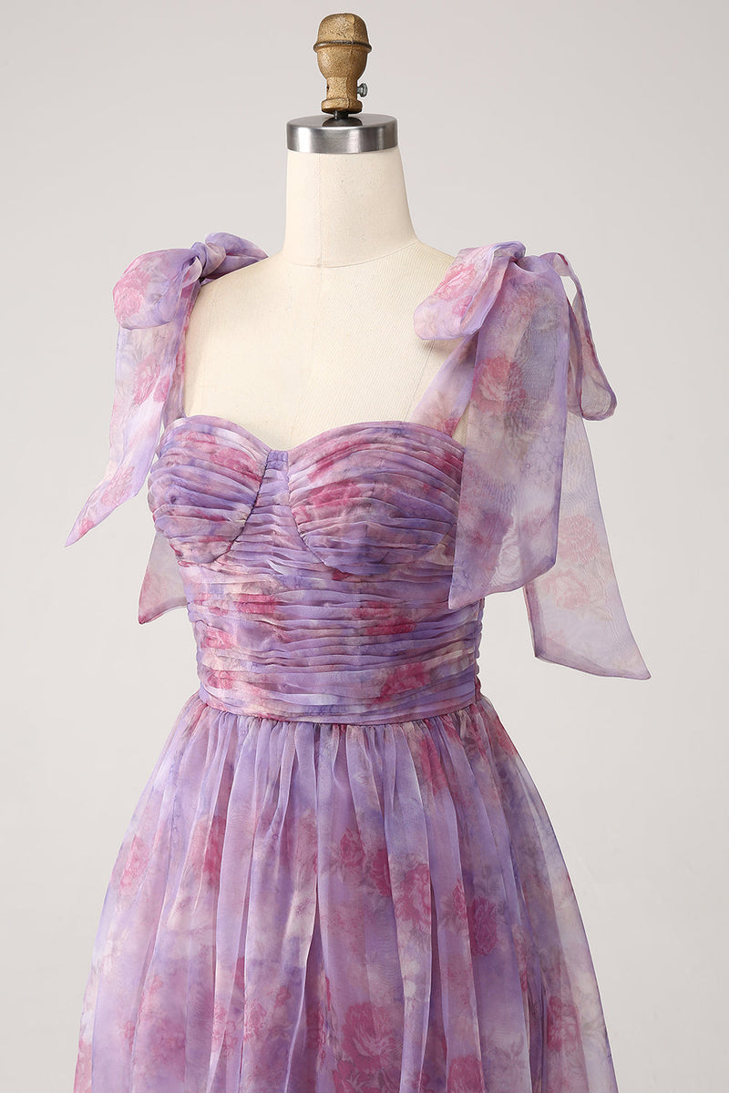 Laden Sie das Bild in den Galerie-Viewer, Lila bedrucktes A-Linie Kleid mit Plissee in Teelänge
