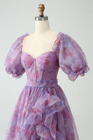 Laden Sie das Bild in den Galerie-Viewer, Lila A-Linie Korsett Ballkleid mit quadratischem Ausschnitt und Schlitz