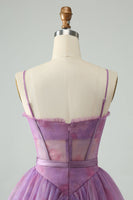 Laden Sie das Bild in den Galerie-Viewer, Lila A-Linie Spaghettiträger Blumen Korsett Kurzes Cocktailkleid