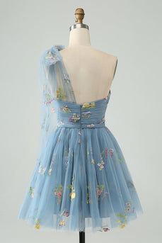 Graublaues A Line One Shoulder Tüll Kurzes Homecoming-Kleid mit Blumenstickerei