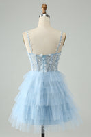 Laden Sie das Bild in den Galerie-Viewer, Fuchsia A Linie Spaghettiträger Tüll gestuftes kurzes Cocktailkleid