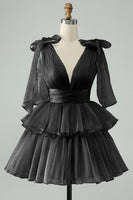 Laden Sie das Bild in den Galerie-Viewer, Himmelblaues A-Linie Kurzes gestuftes Cocktailkleid mit V-Ausschnitt