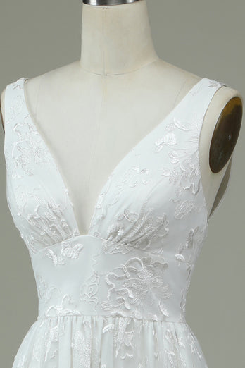 Elfenbein Brautkleid mit V-Ausschnitt und Schlitz