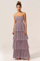 Laden Sie das Bild in den Galerie-Viewer, A-Linie Herzausschnitt Plissee Brautjungfernkleid mit Rüschen Lila