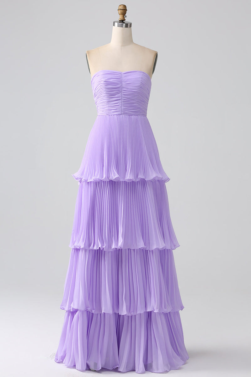 Laden Sie das Bild in den Galerie-Viewer, Trägerloses A-Linie Lila Plissiertes Chiffon Plus Size Langes Brautjungfernkleid mit Rüschen