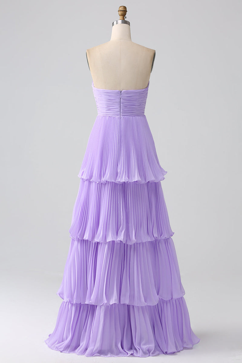 Laden Sie das Bild in den Galerie-Viewer, Trägerloses A-Linie Lila Plissiertes Chiffon Plus Size Langes Brautjungfernkleid mit Rüschen