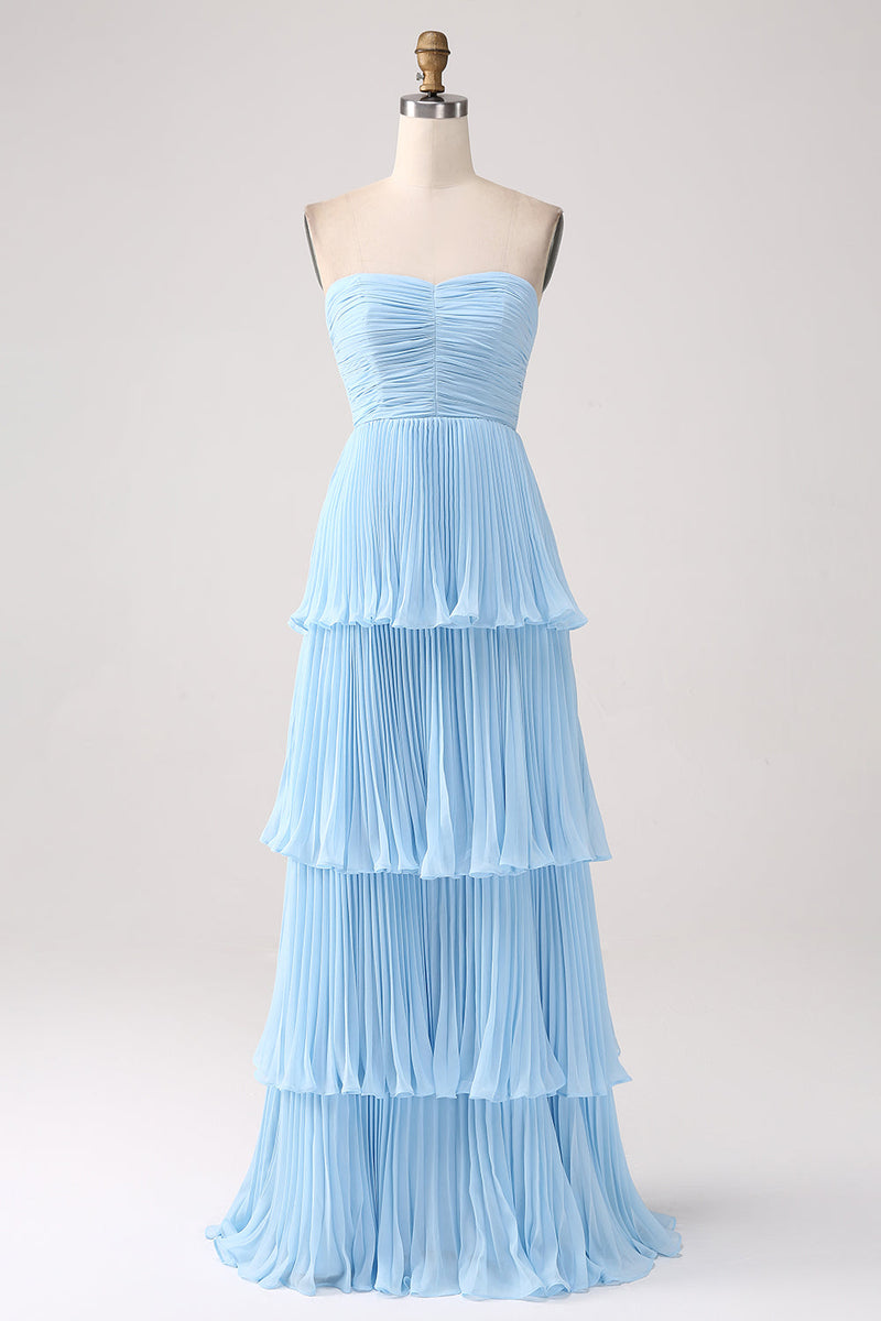 Laden Sie das Bild in den Galerie-Viewer, Trägerloses A-Linie Lila Plissiertes Chiffon Plus Size Langes Brautjungfernkleid mit Rüschen