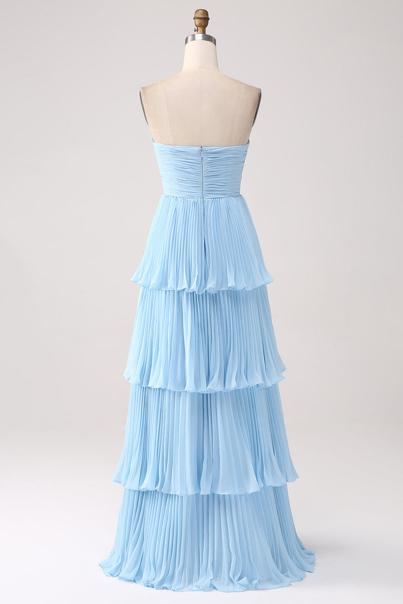 Laden Sie das Bild in den Galerie-Viewer, Trägerloses A-Linie Lila Plissiertes Chiffon Plus Size Langes Brautjungfernkleid mit Rüschen
