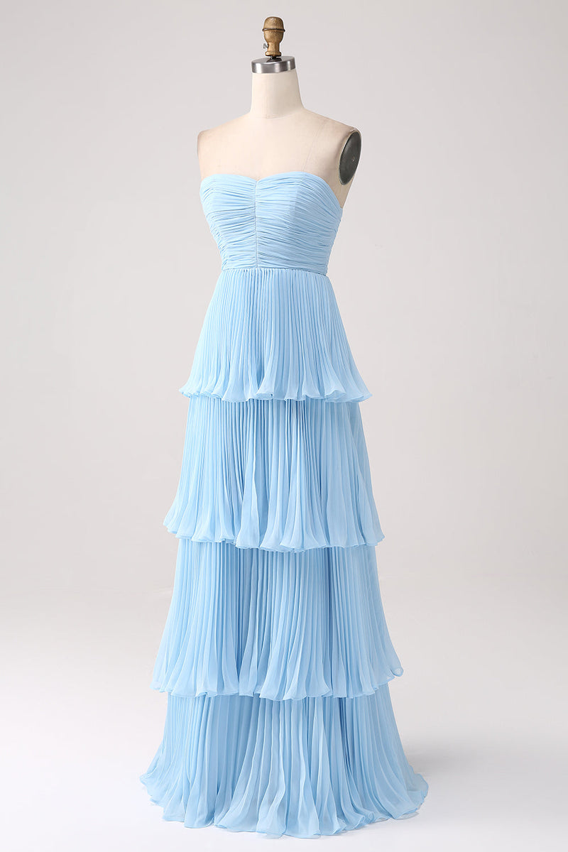 Laden Sie das Bild in den Galerie-Viewer, Trägerloses A-Linie Lila Plissiertes Chiffon Plus Size Langes Brautjungfernkleid mit Rüschen