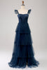 Laden Sie das Bild in den Galerie-Viewer, Marineblaues Tüll A-Linie Korsett Brautjungfernkleid mit Schlitz