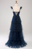 Laden Sie das Bild in den Galerie-Viewer, Marineblaues Tüll A-Linie Korsett Brautjungfernkleid mit Schlitz