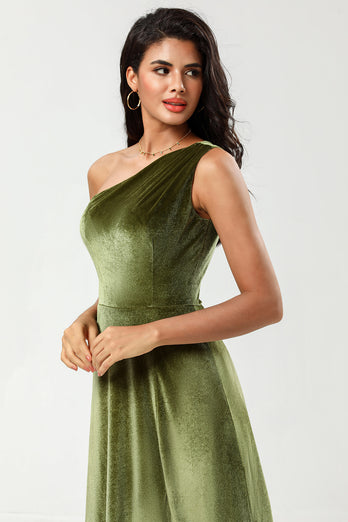 Eine Schulter A Linie Samt Grünes Brautjungfernkleid mit Schlitz