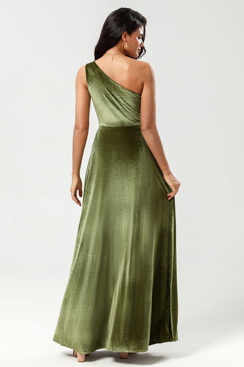 Laden Sie das Bild in den Galerie-Viewer, Eine Schulter A Linie Samt Grünes Brautjungfernkleid mit Schlitz