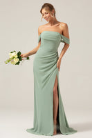 Laden Sie das Bild in den Galerie-Viewer, ZAPAKA Damen Dusty Salbei Brautjungfernkleid Schulterfreies Chiffon Plissee Langes Hochzeitsgast Kleid