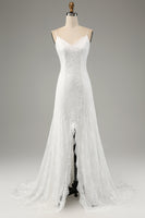 Laden Sie das Bild in den Galerie-Viewer, Elfenbein Meerjungfrau Spitze Spaghettiträger Brautkleid mit Schlitz