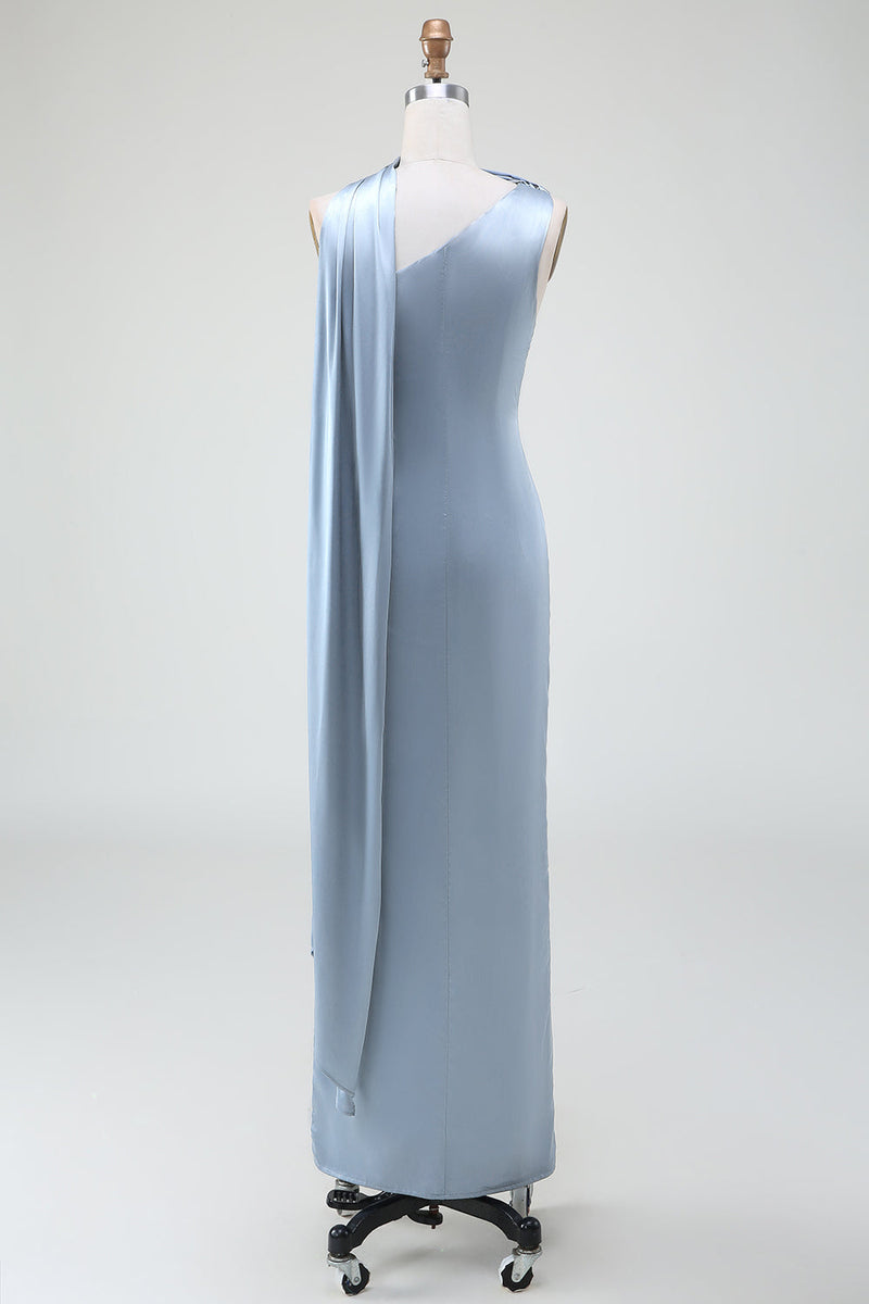 Laden Sie das Bild in den Galerie-Viewer, Blaues Etui Satin langes Brautjungfernkleid mit einer Schulter