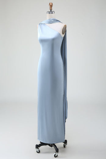 Blaues Etui Satin langes Brautjungfernkleid mit einer Schulter