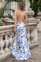 Laden Sie das Bild in den Galerie-Viewer, Blaues Etui Spaghetti-Träger Plissee langes Brautjungfernkleid mit Schlitz