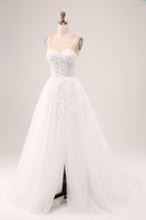 Laden Sie das Bild in den Galerie-Viewer, Elfenbein A-Linie Spaghettiträger Korsett Spitze Tüll langes Hochzeitskleid