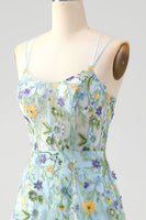 Laden Sie das Bild in den Galerie-Viewer, Blaue Blume A Linie Spaghettiträger Korsett Besticktes Ballkleid mit Schlitz
