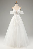 Laden Sie das Bild in den Galerie-Viewer, Elfenbein A-Linie Tüll Spaghettiträger Brautkleid mit Applikationen