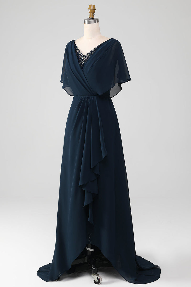 Laden Sie das Bild in den Galerie-Viewer, Marineblaues A-Linie V-Ausschnitt Übergröße Chiffon Mutter der Braut Kleid mit Rüschen