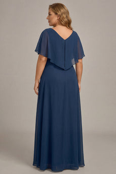 Marineblaues A-Linie V-Ausschnitt Übergröße Chiffon Mutter der Braut Kleid mit Rüschen
