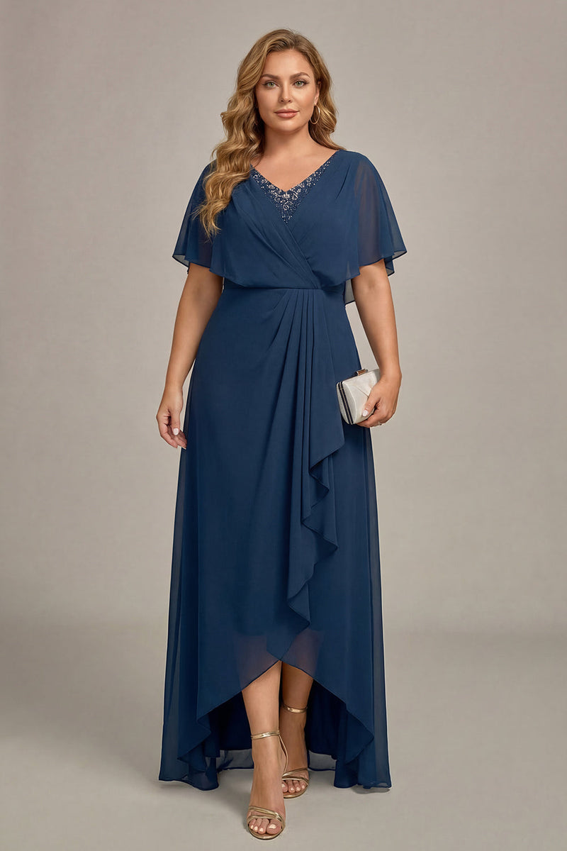 Laden Sie das Bild in den Galerie-Viewer, Marineblaues A-Linie V-Ausschnitt Übergröße Chiffon Mutter der Braut Kleid mit Rüschen