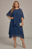 Laden Sie das Bild in den Galerie-Viewer, Marineblaues Plus-Size Chiffon A-Linie U-Boot-Ausschnitt Midi Mutter der Braut Kleid