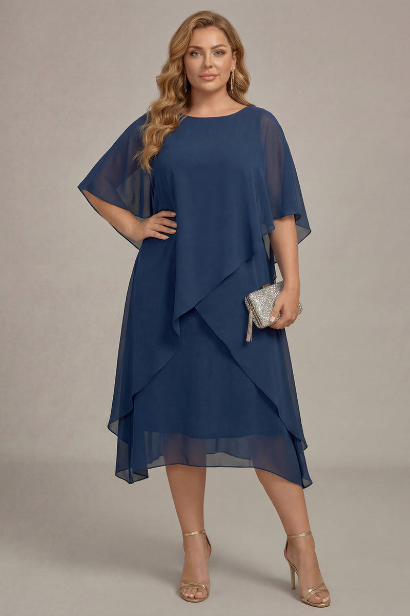 Laden Sie das Bild in den Galerie-Viewer, Marineblaues Plus-Size Chiffon A-Linie U-Boot-Ausschnitt Midi Mutter der Braut Kleid