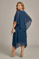 Laden Sie das Bild in den Galerie-Viewer, Marineblaues Plus-Size Chiffon A-Linie U-Boot-Ausschnitt Midi Mutter der Braut Kleid