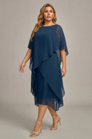 Laden Sie das Bild in den Galerie-Viewer, Marineblaues Plus-Size Chiffon A-Linie U-Boot-Ausschnitt Midi Mutter der Braut Kleid