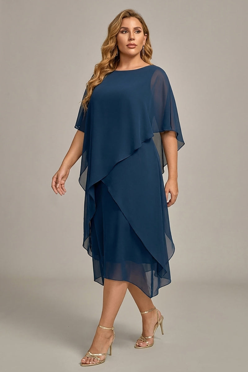 Laden Sie das Bild in den Galerie-Viewer, Marineblaues Plus-Size Chiffon A-Linie U-Boot-Ausschnitt Midi Mutter der Braut Kleid