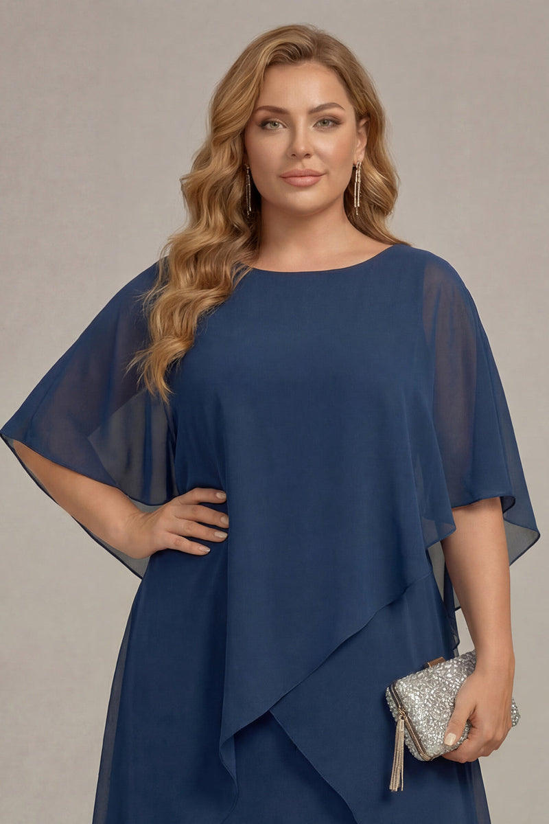 Laden Sie das Bild in den Galerie-Viewer, Marineblaues Plus-Size Chiffon A-Linie U-Boot-Ausschnitt Midi Mutter der Braut Kleid