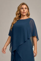 Laden Sie das Bild in den Galerie-Viewer, Marineblaues Plus-Size Chiffon A-Linie U-Boot-Ausschnitt Midi Mutter der Braut Kleid