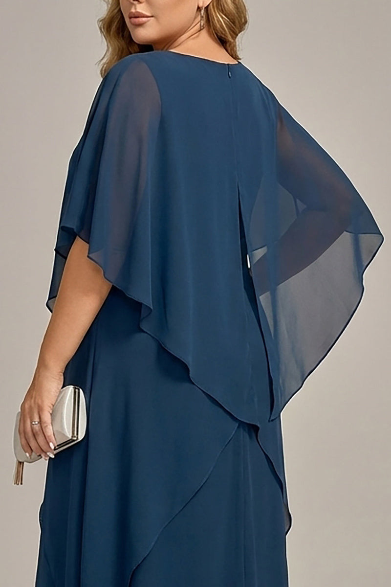 Laden Sie das Bild in den Galerie-Viewer, Marineblaues Plus-Size Chiffon A-Linie U-Boot-Ausschnitt Midi Mutter der Braut Kleid