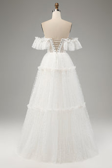 Elfenbein A-Linie schulterfreies Brautkleid aus Tüll