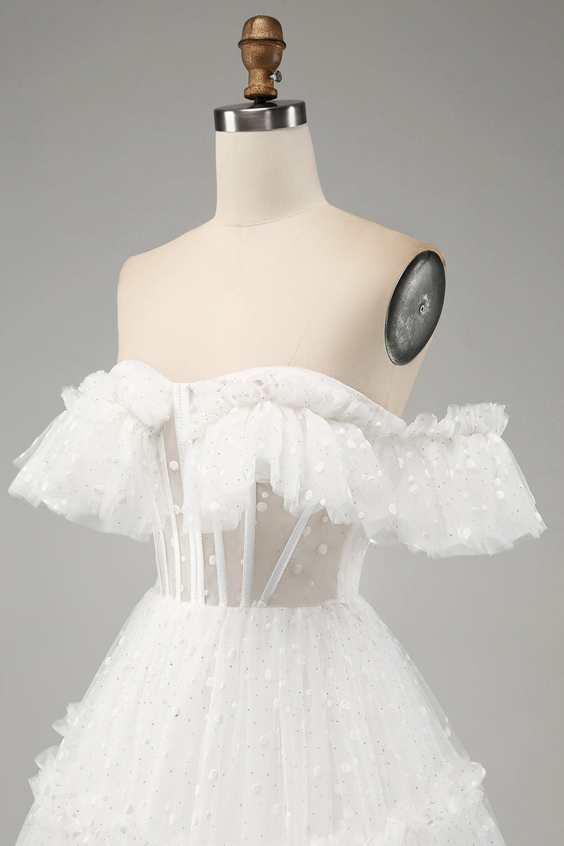 Laden Sie das Bild in den Galerie-Viewer, Elfenbein A-Linie schulterfreies Brautkleid aus Tüll