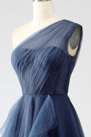 Laden Sie das Bild in den Galerie-Viewer, A-Linie Eine Schulter Tüll Ballkleid Dunkelgrünes